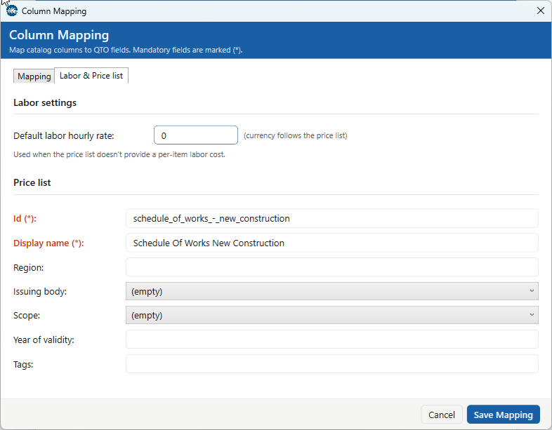 Column Mapping dialog, Labor and Price list tab: a default labor hourly rate, and the price-list metadata fields Id, Display name, Region, Issuing body, Scope, Year of validity, Tags