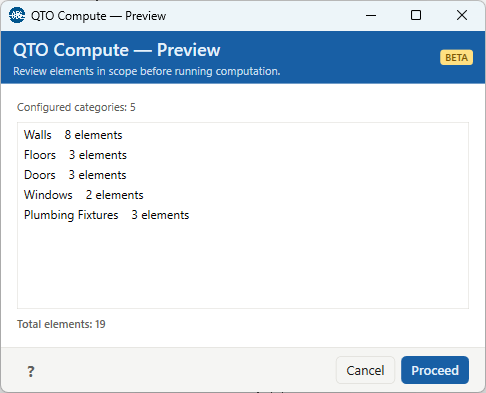 QTO Compute Preview dialog listing configured categories with element counts and a total