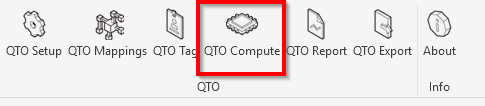 AEC.codes ribbon, QTO panel, with the QTO Compute button highlighted