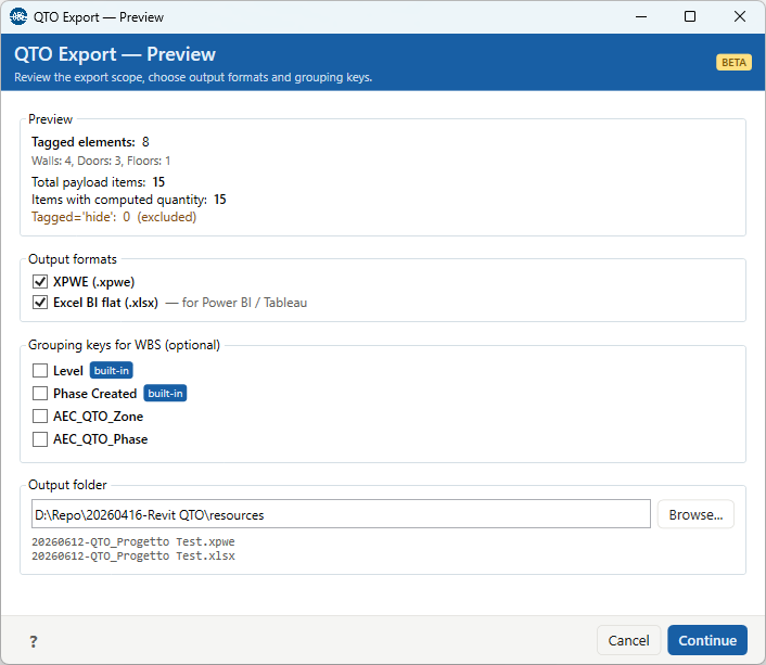 QTO Export Preview dialog: scope preview, output-format checkboxes, WBS grouping keys, and output folder