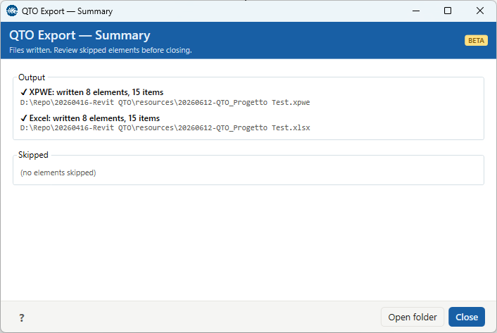 QTO Export Summary dialog: per-format written counts with file paths and a Skipped section