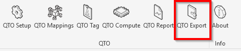AEC.codes ribbon, QTO panel, with the QTO Export button highlighted