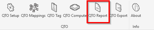 AEC.codes ribbon, QTO panel, with the QTO Report button highlighted