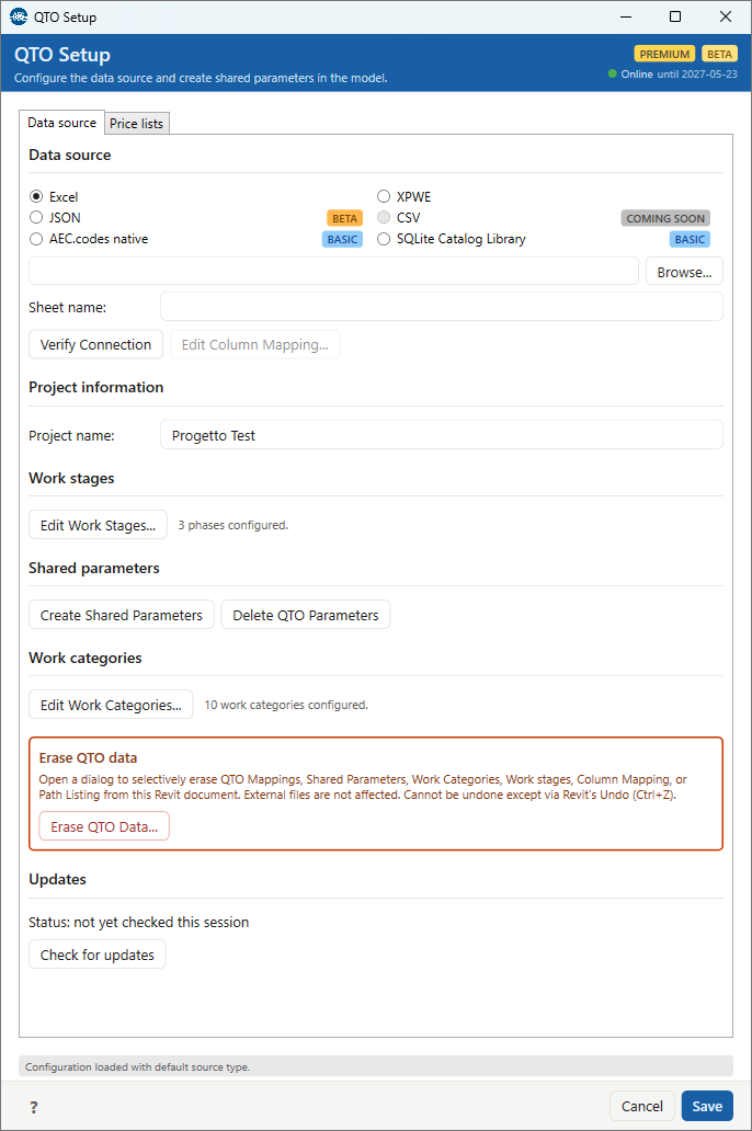 QTO Setup dialog, Data source tab: data-source picker, project information, work stages, shared parameters, work categories, erase and updates sections
