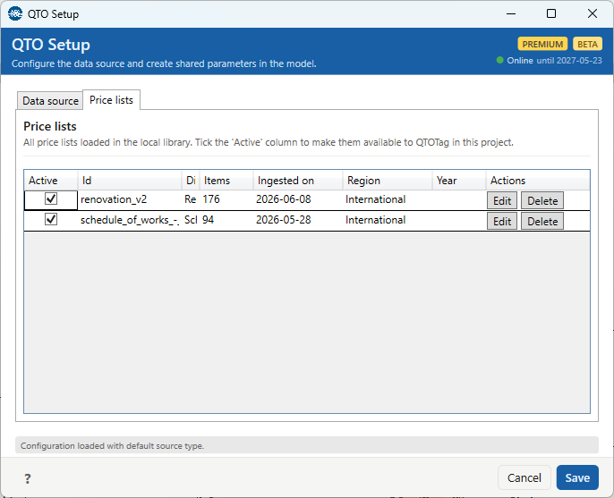 QTO Setup dialog, Price lists tab: catalog-library table with an Active checkbox column and per-row Edit and Delete actions