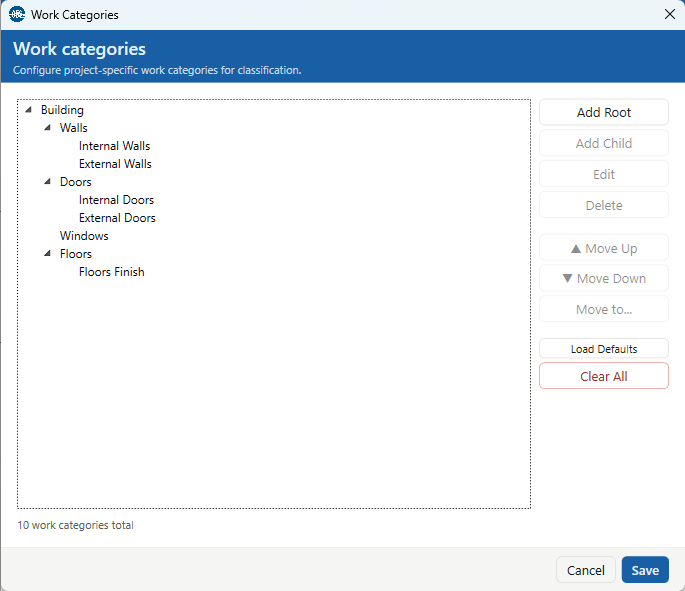 Work Categories dialog: a three-level tree on the left with Add Root, Add Child, Edit, Delete, Move Up, Move Down, Move to, Load Defaults and Clear All buttons on the right